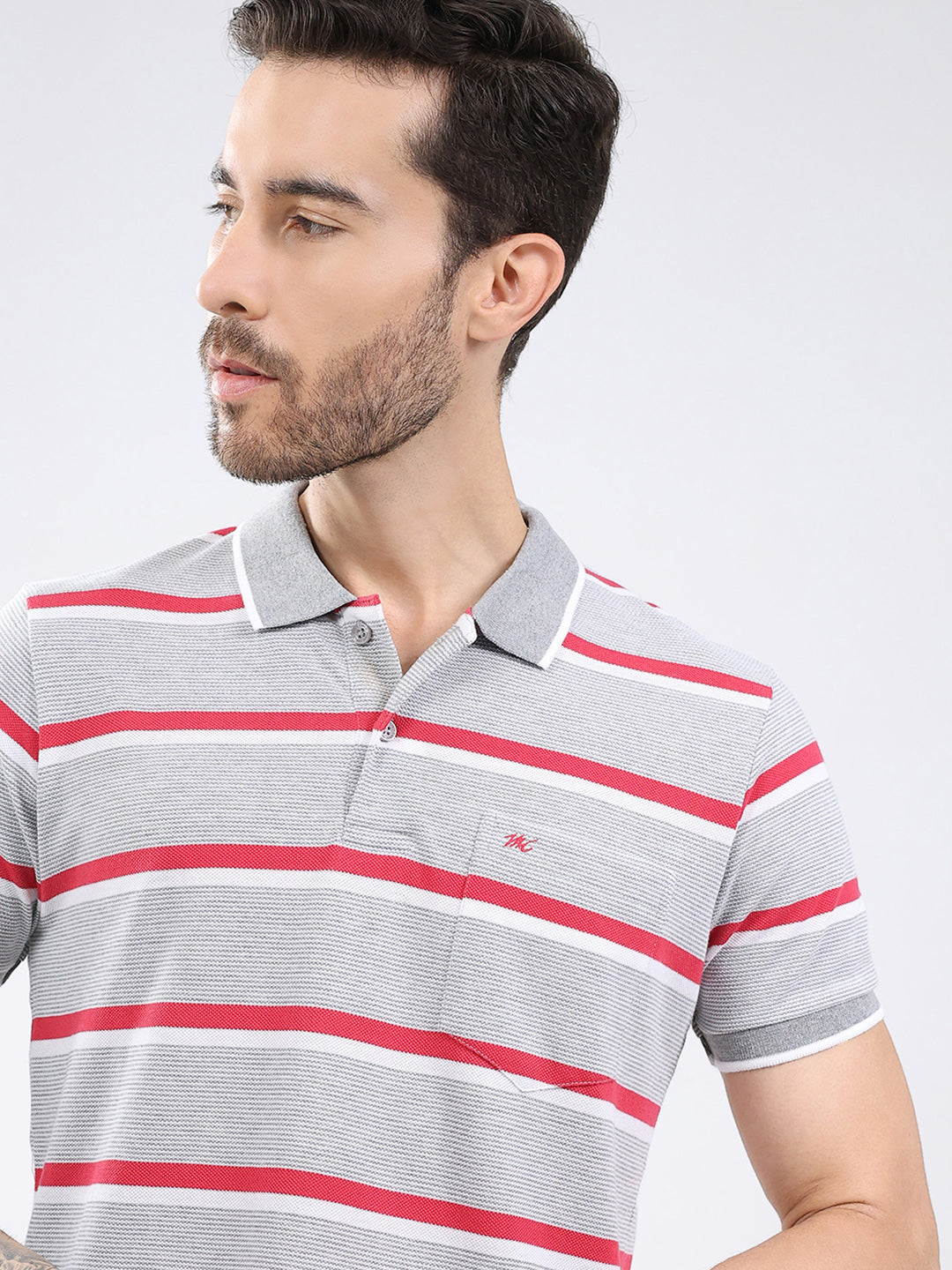 Men Grey Stripe Collar Half Sleeve T-Shirt