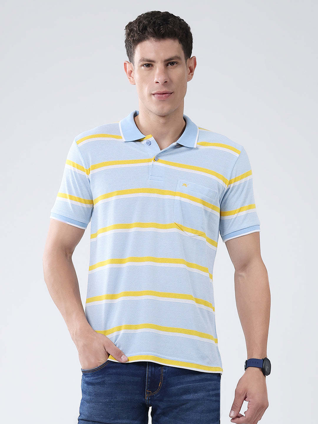 Men Blue Stripe Collar Half Sleeve T-Shirt