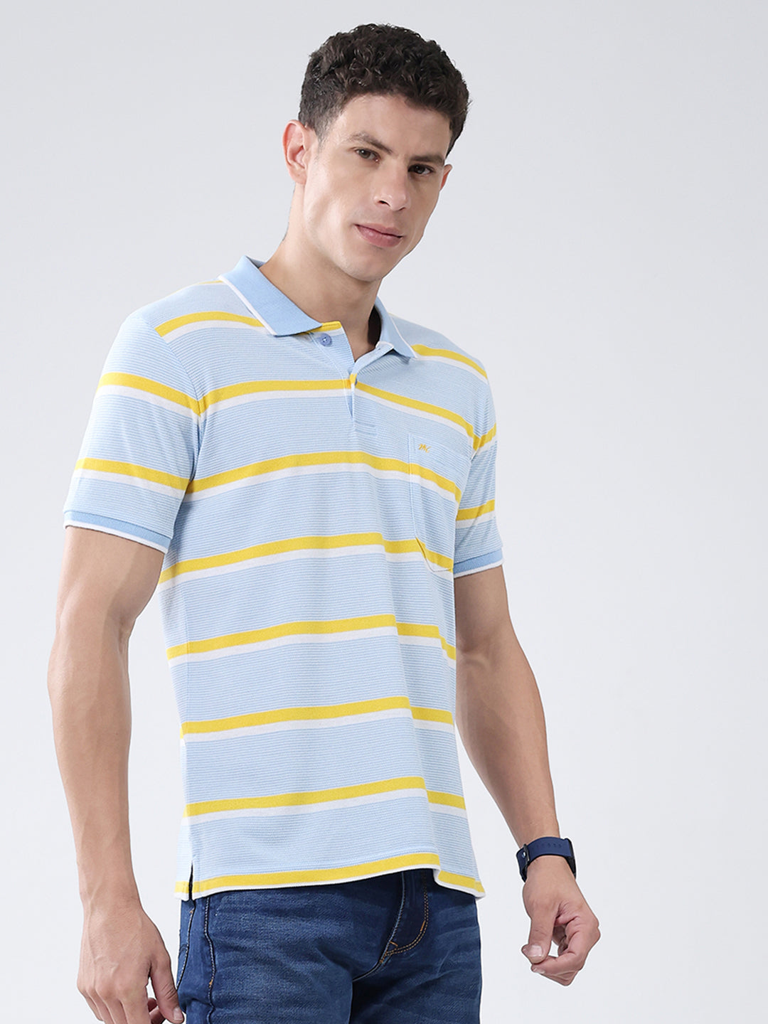 Men Blue Stripe Collar Half Sleeve T-Shirt