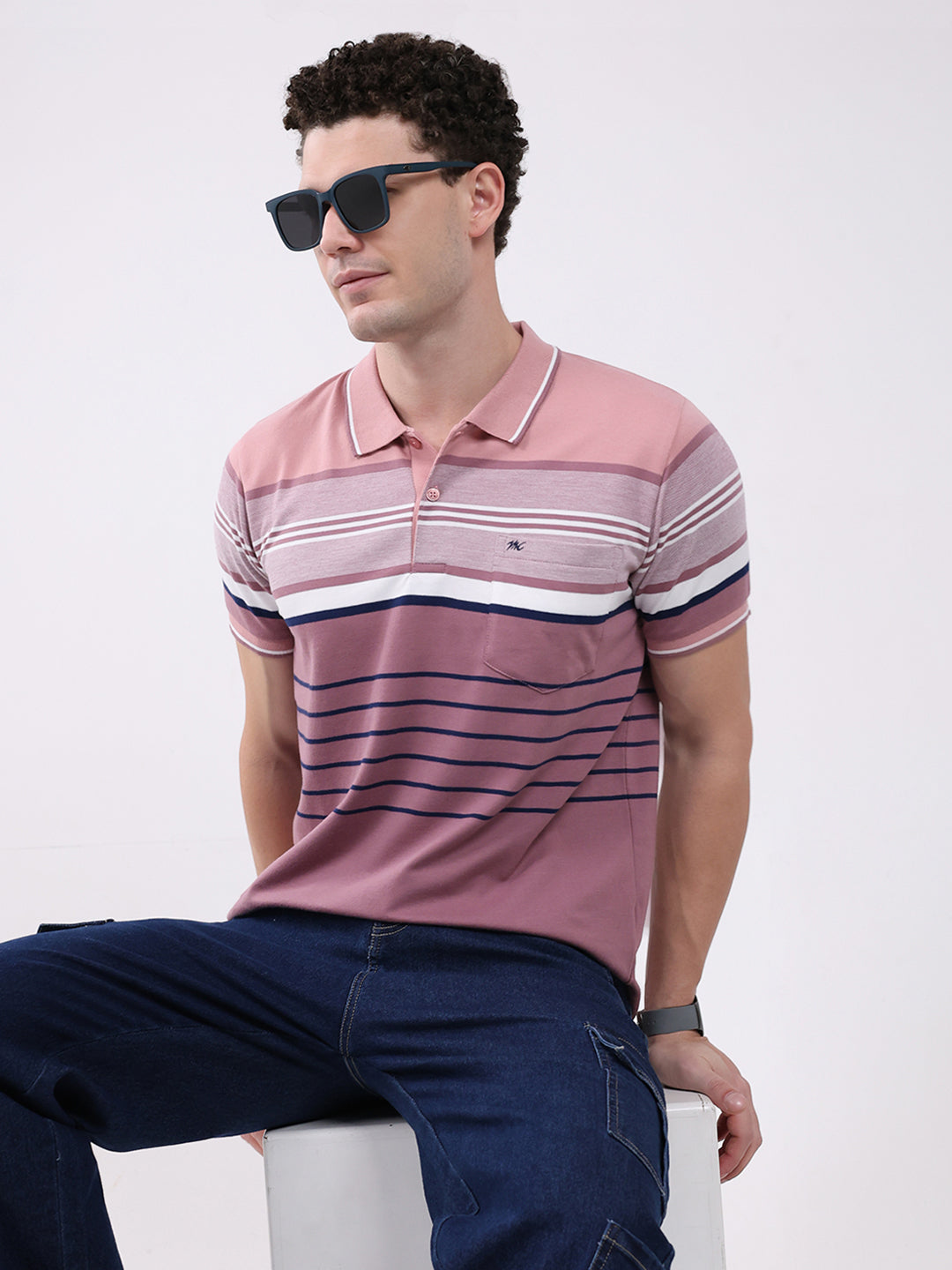 Men Pink Stripe Collar Half Sleeve T-Shirt