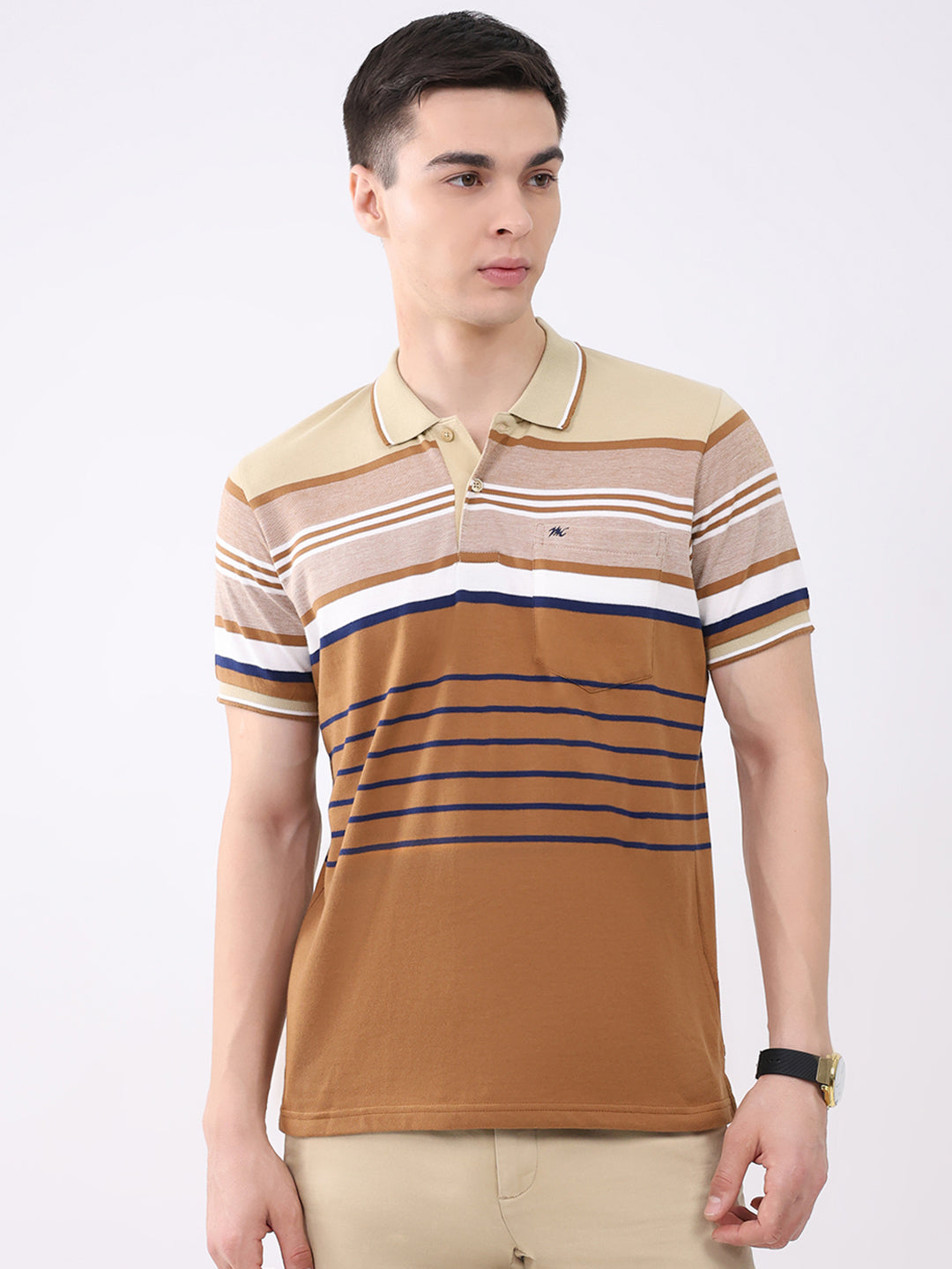 Men Beige Stripe Collar Half Sleeve T-Shirt
