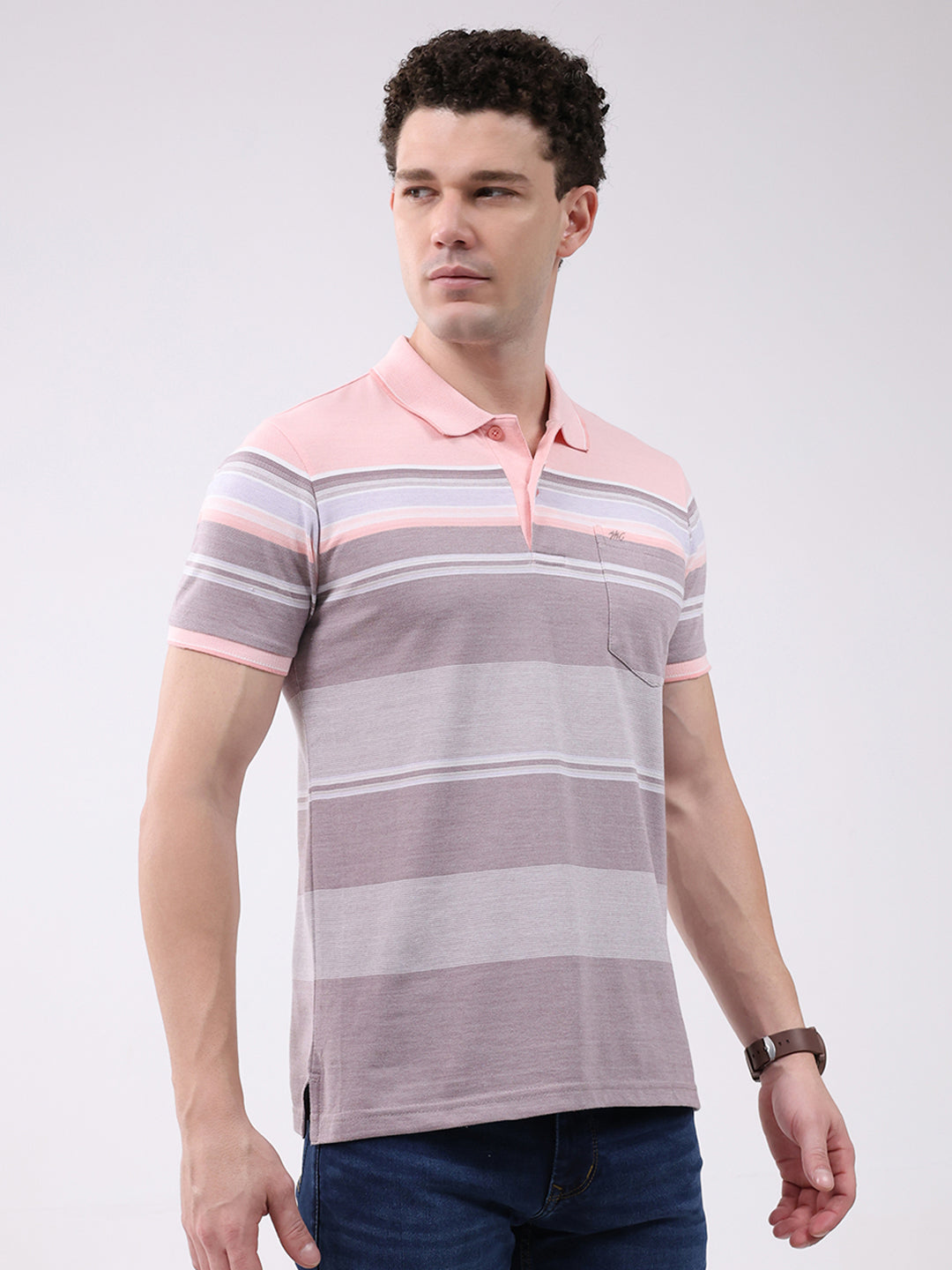 Men Pink Stripe Collar Half Sleeve T-Shirt