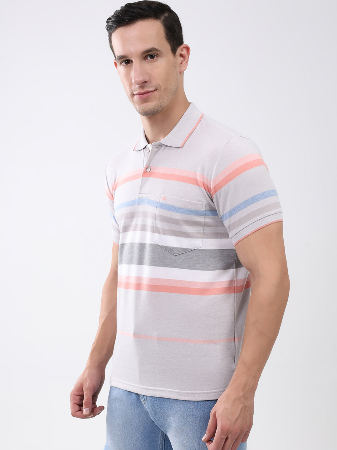Men Grey Stripe Collar Half Sleeve T-Shirt