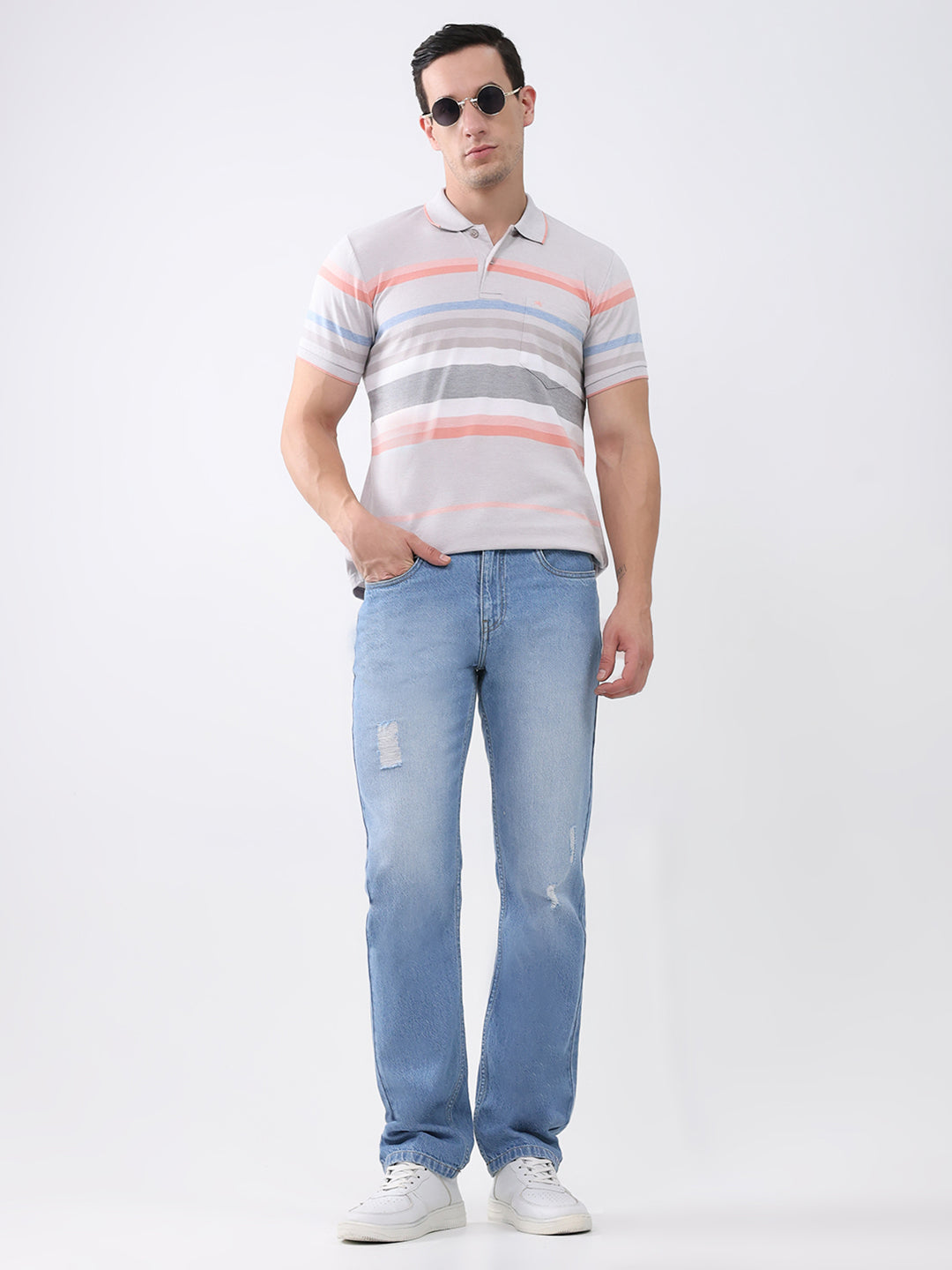 Men Grey Stripe Collar Half Sleeve T-Shirt