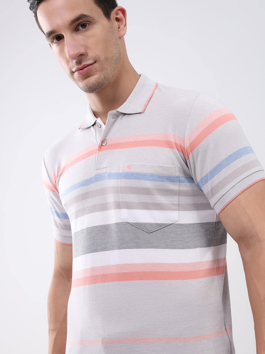 Men Grey Stripe Collar Half Sleeve T-Shirt