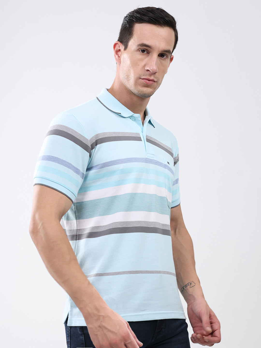 Men Sky Blue Stripe Collar Half Sleeve T-Shirt