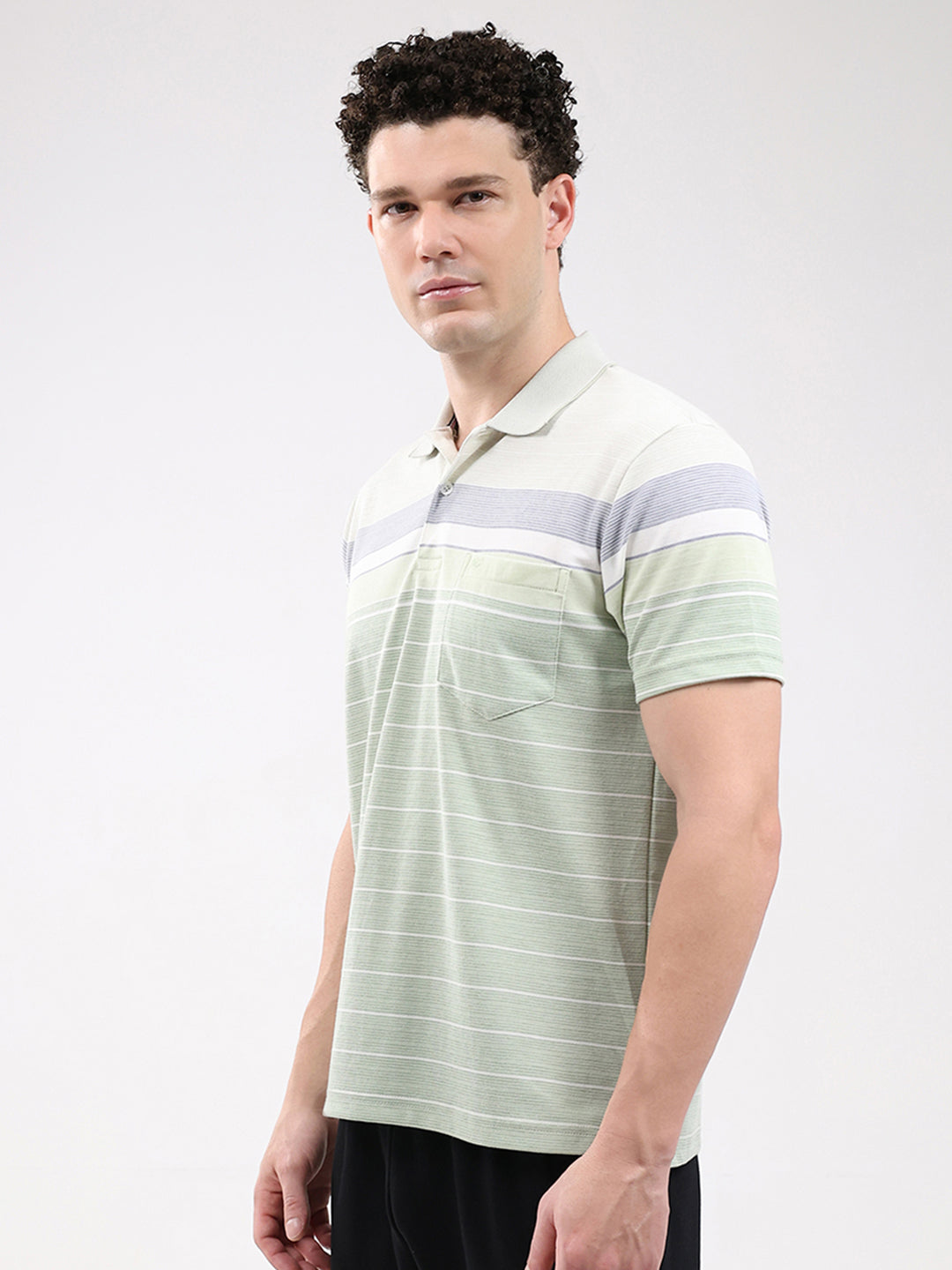 Men Green Stripe Collar Half Sleeve T-Shirt