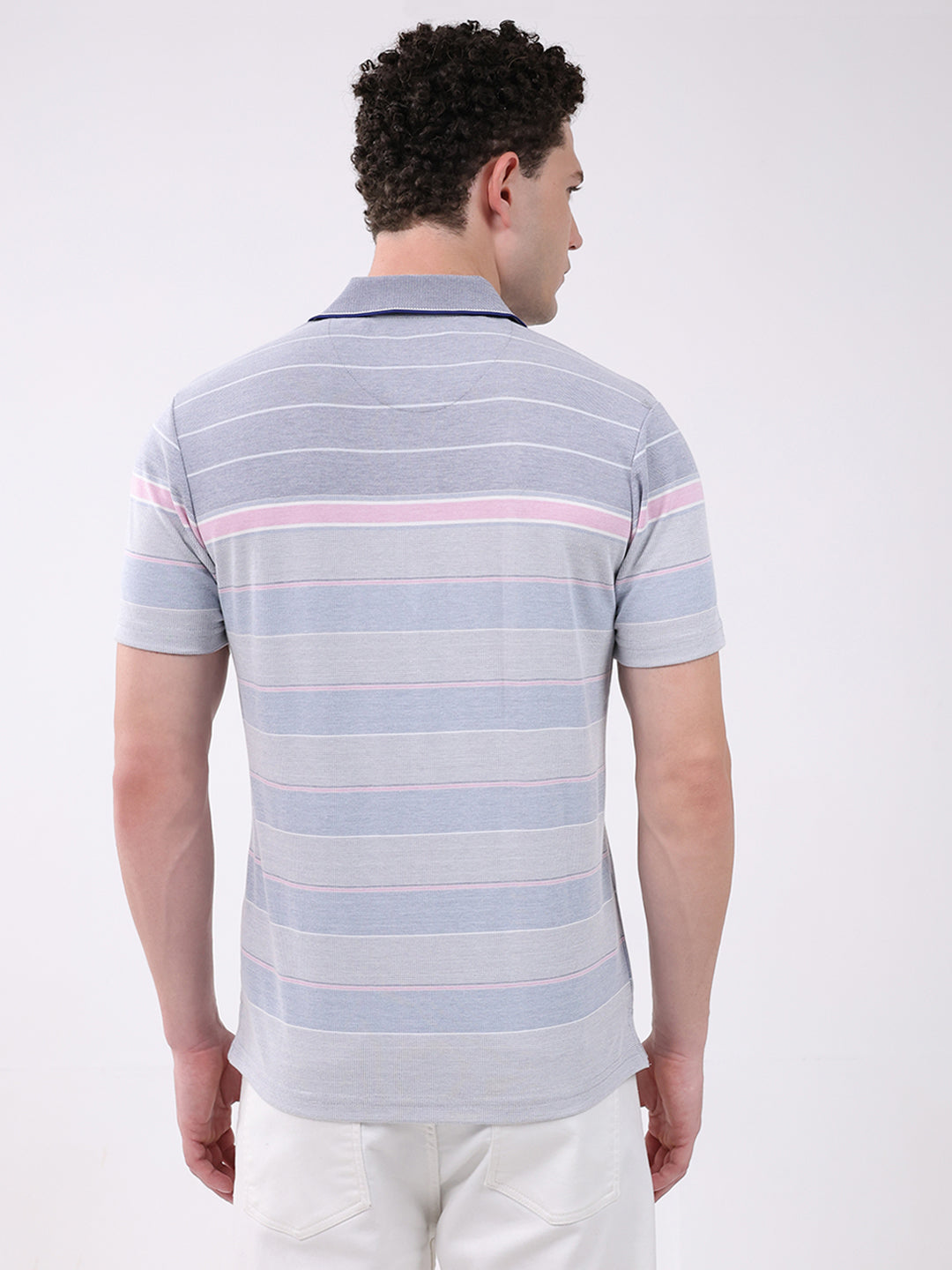 Men Blue Stripe Collar Half Sleeve T-Shirt
