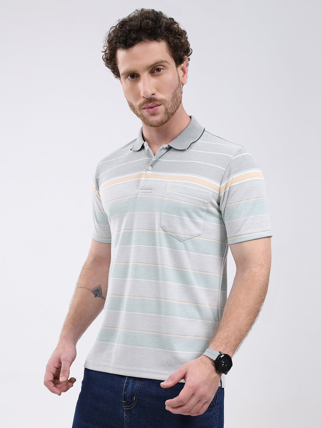 Men Green Stripe Collar Half Sleeve T-Shirt