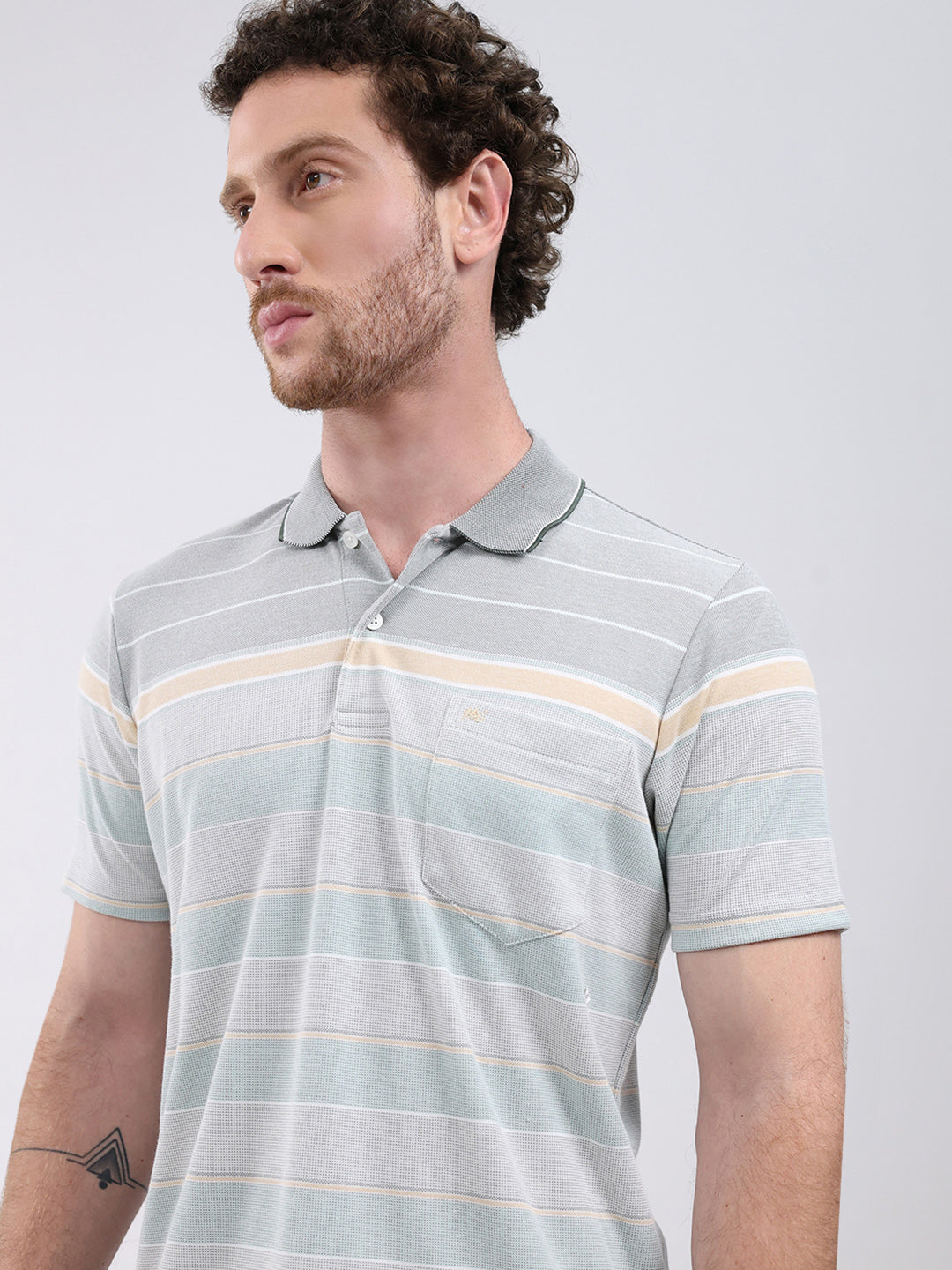 Men Green Stripe Collar Half Sleeve T-Shirt