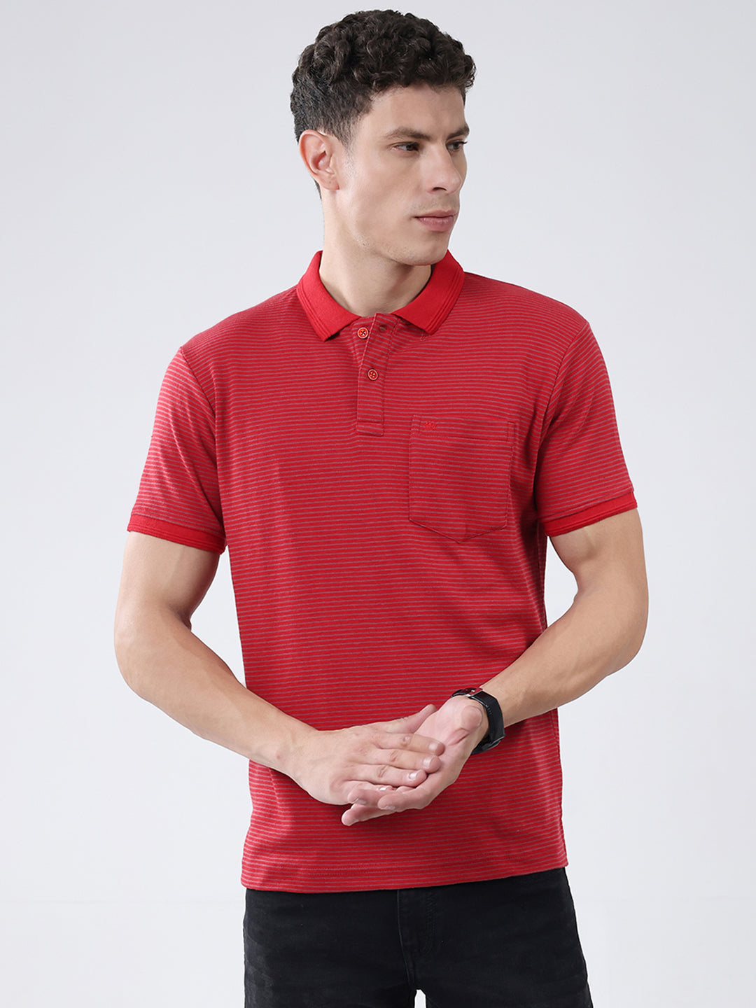 Men Red Stripe Collar Half Sleeve T-Shirt