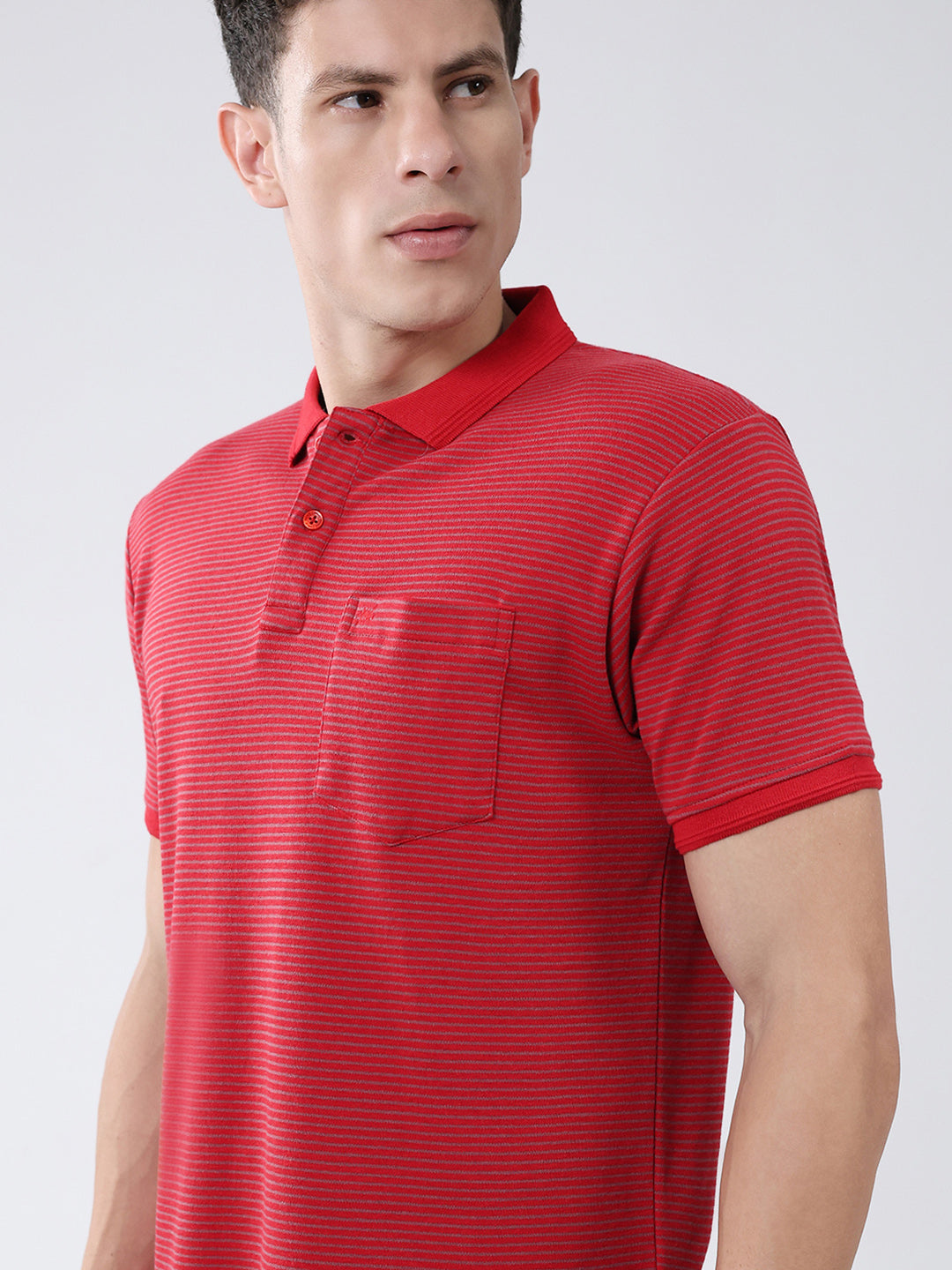 Men Red Stripe Collar Half Sleeve T-Shirt