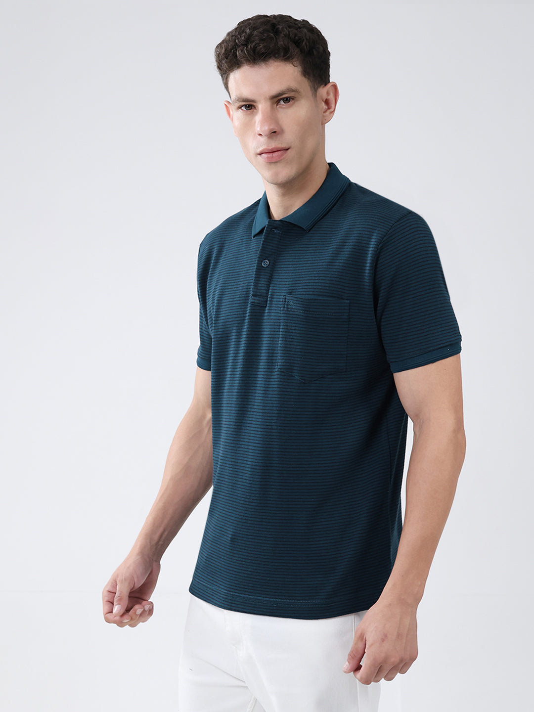 Men Teal Blue Stripe Collar Half Sleeve T-Shirt