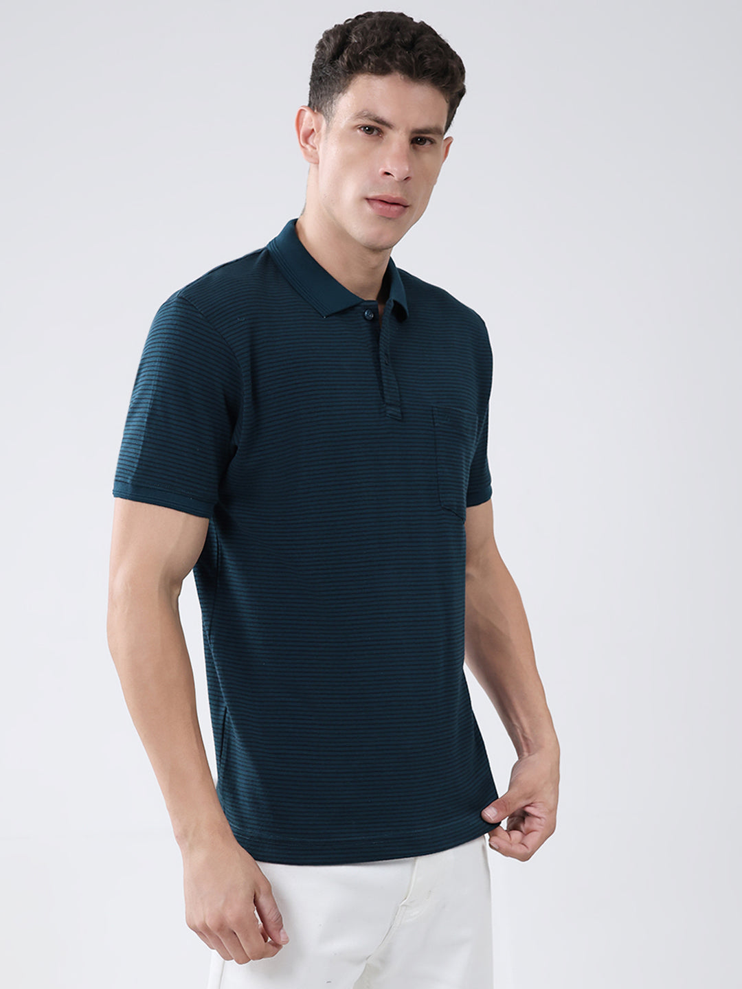 Men Teal Blue Stripe Collar Half Sleeve T-Shirt