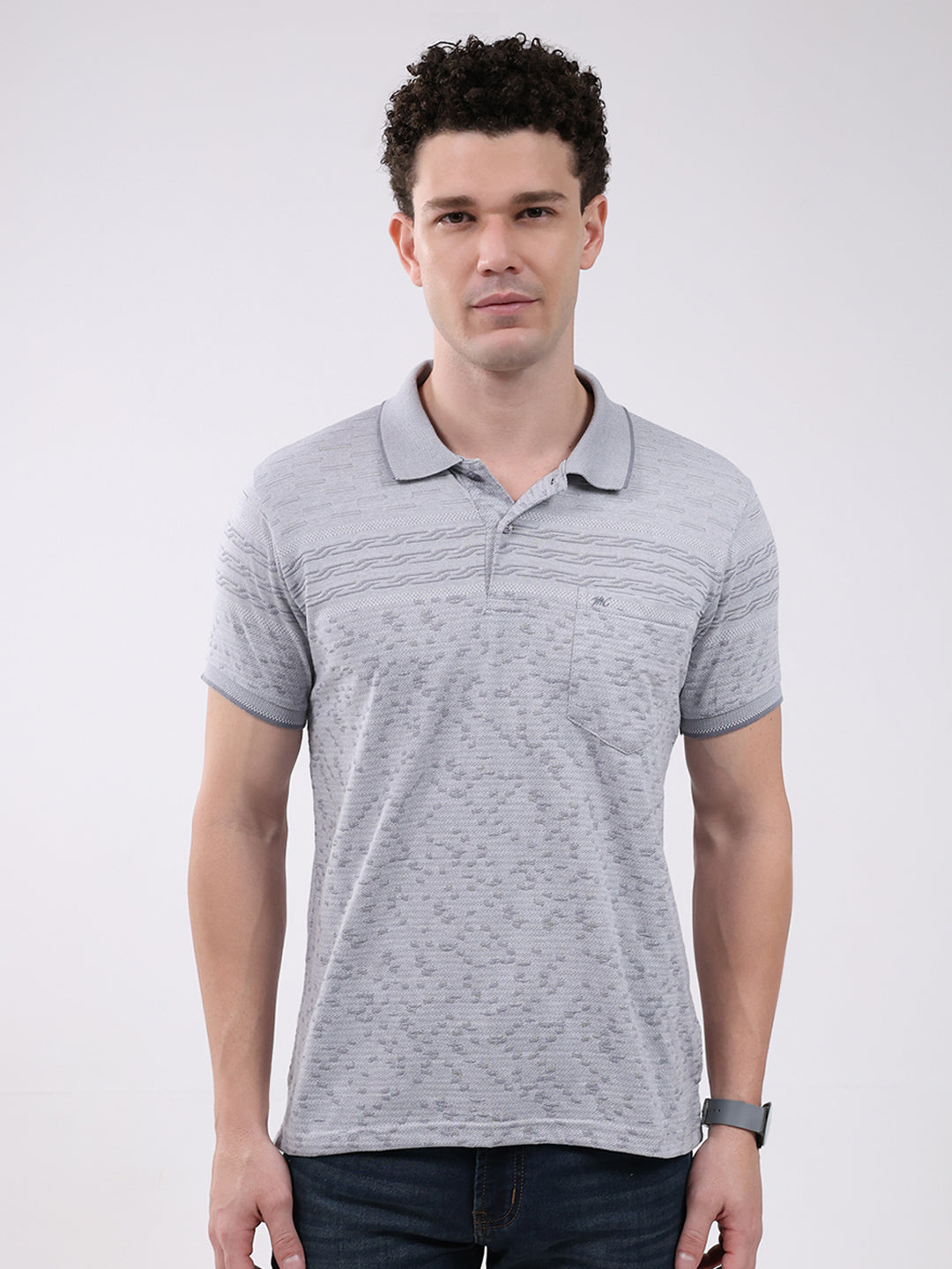 Men Grey Stripe Collar Half Sleeve T-Shirt