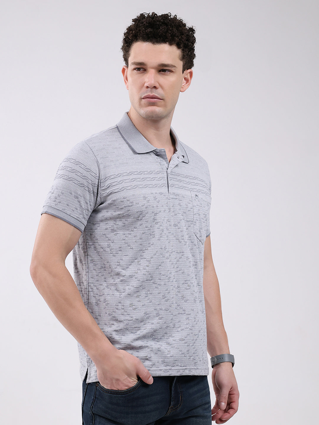 Men Grey Stripe Collar Half Sleeve T-Shirt