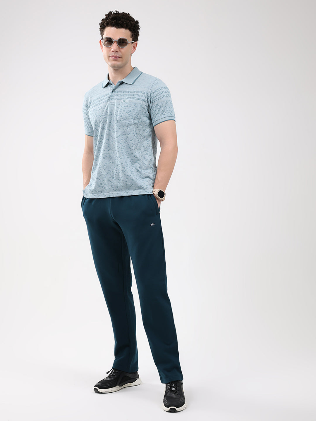 Men Turquoise Blue Stripe Collar Half Sleeve T-Shirt