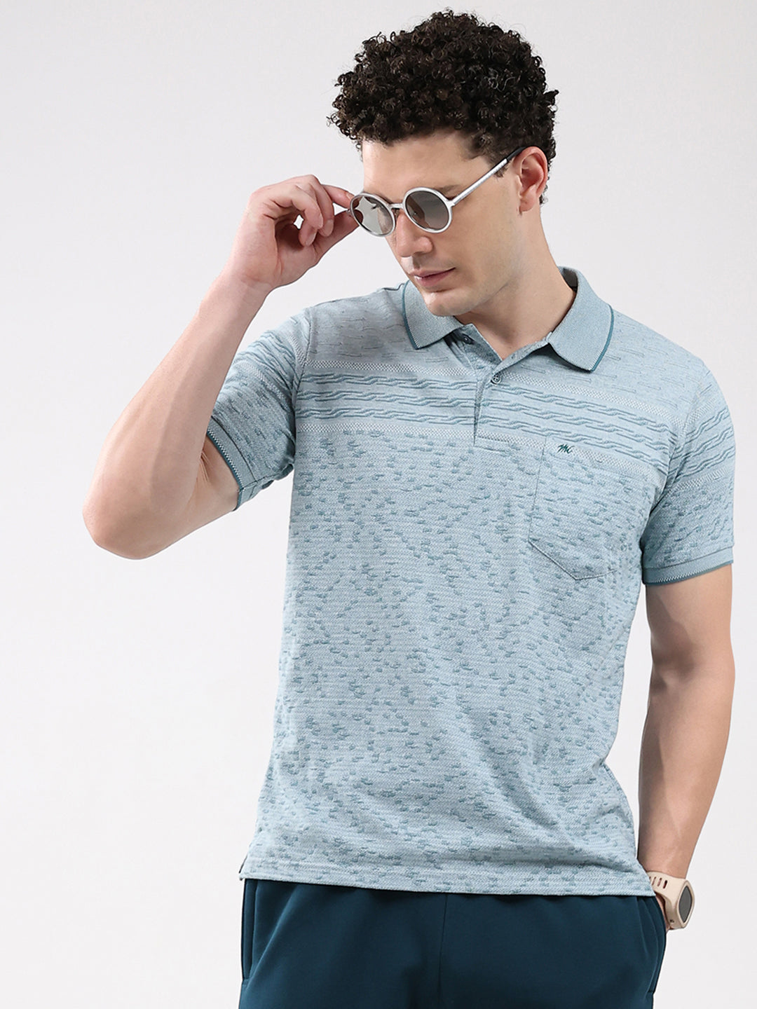 Men Turquoise Blue Stripe Collar Half Sleeve T-Shirt