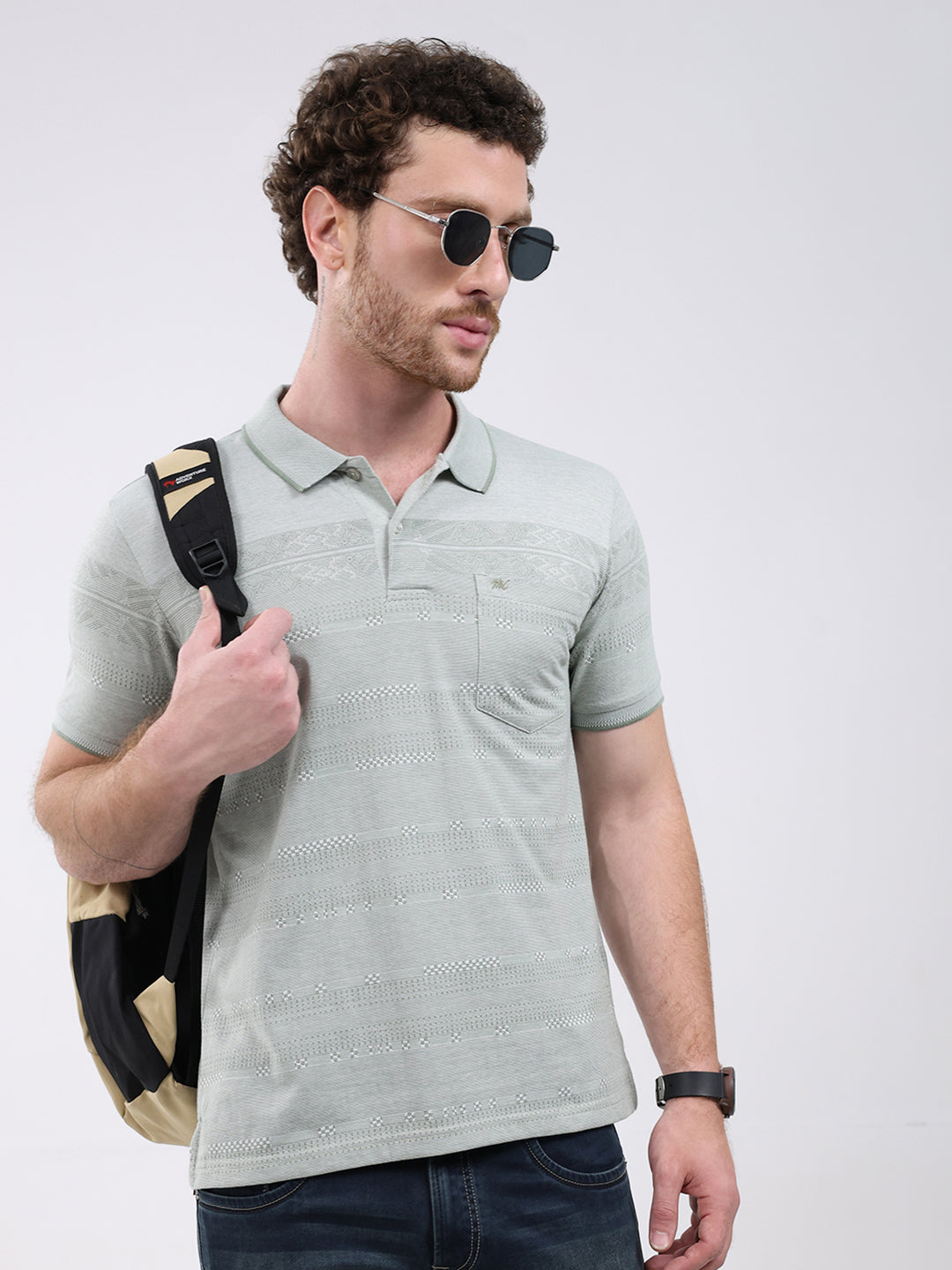 Men Green Stripe Collar Half Sleeve T-Shirt