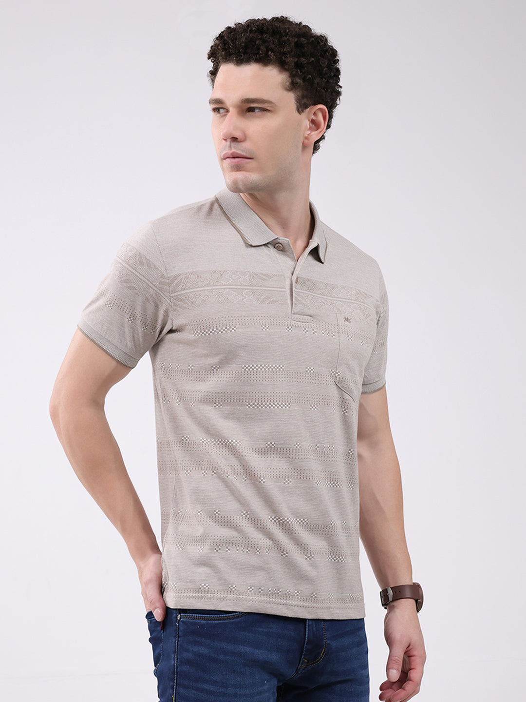 Men Beige Stripe Collar Half Sleeve T-Shirt