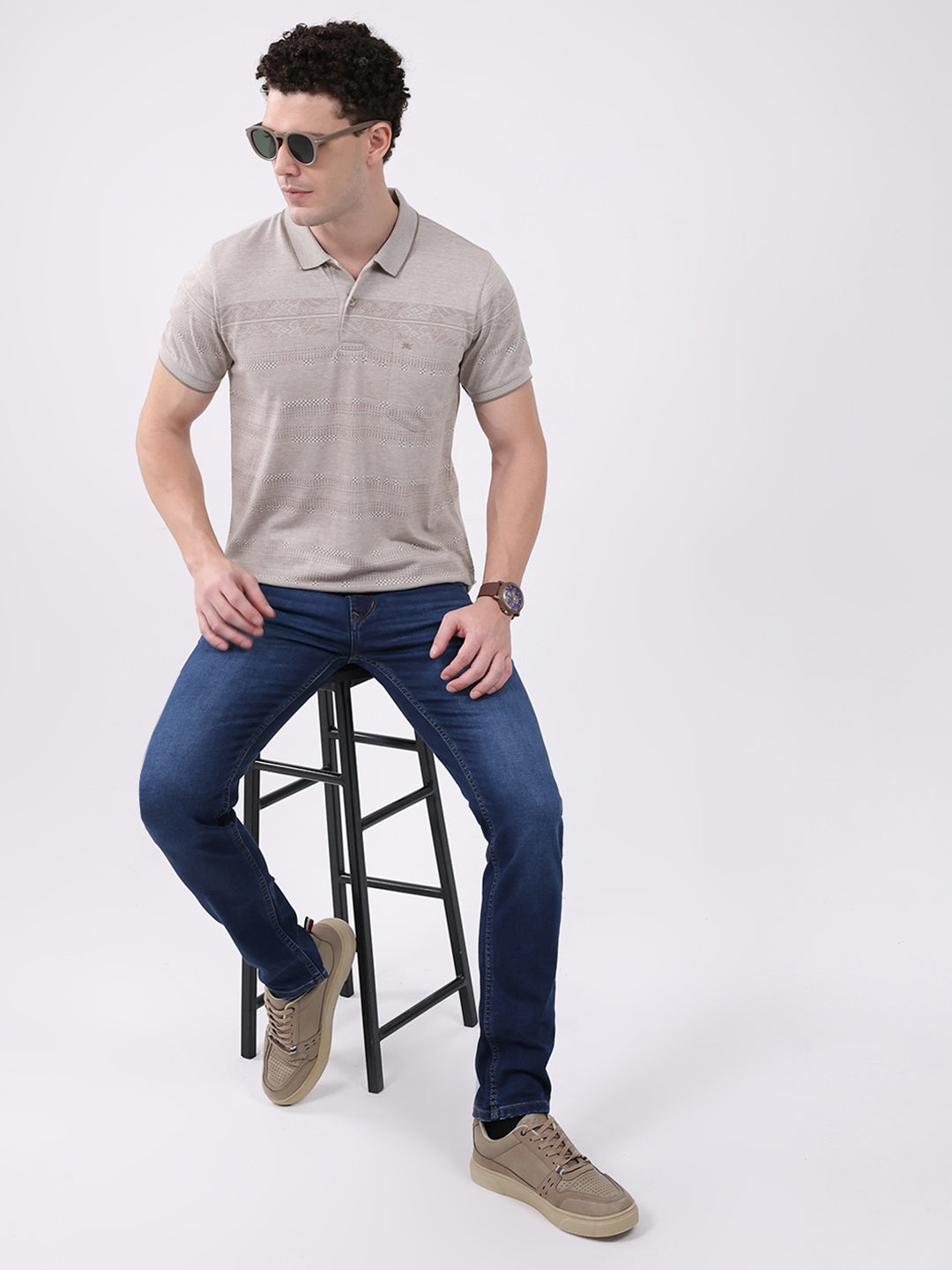 Men Beige Stripe Collar Half Sleeve T-Shirt