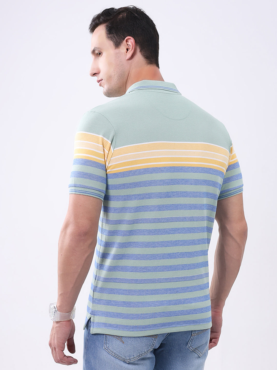 Men Green Stripe Collar Half Sleeve T-Shirt