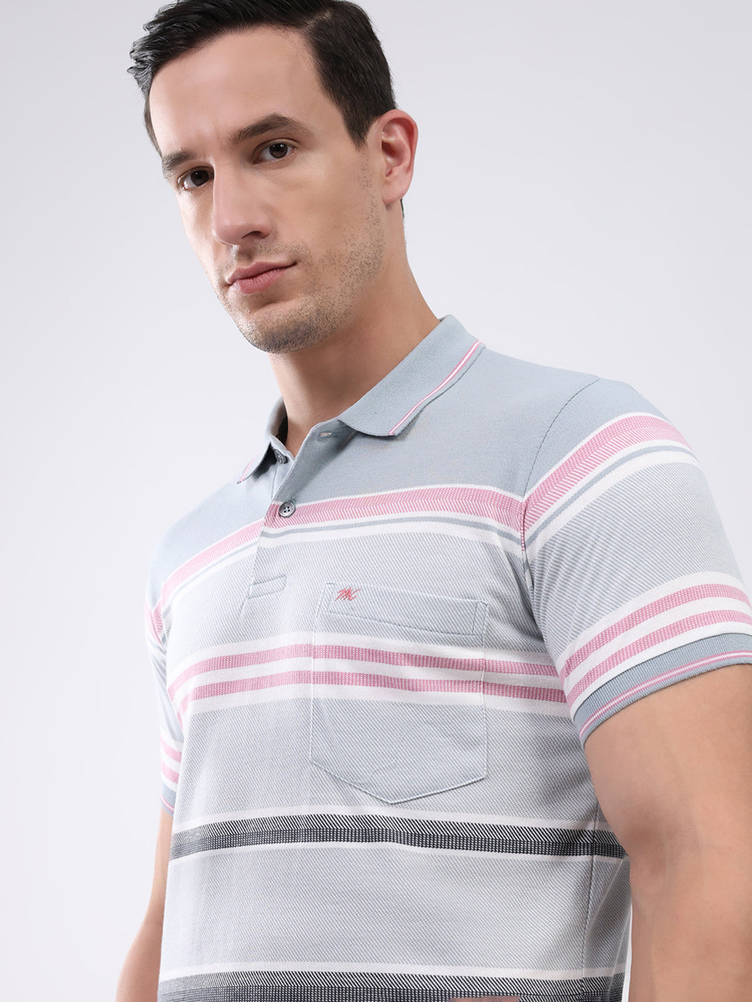 Men Grey Stripe Collar Half Sleeve T-Shirt