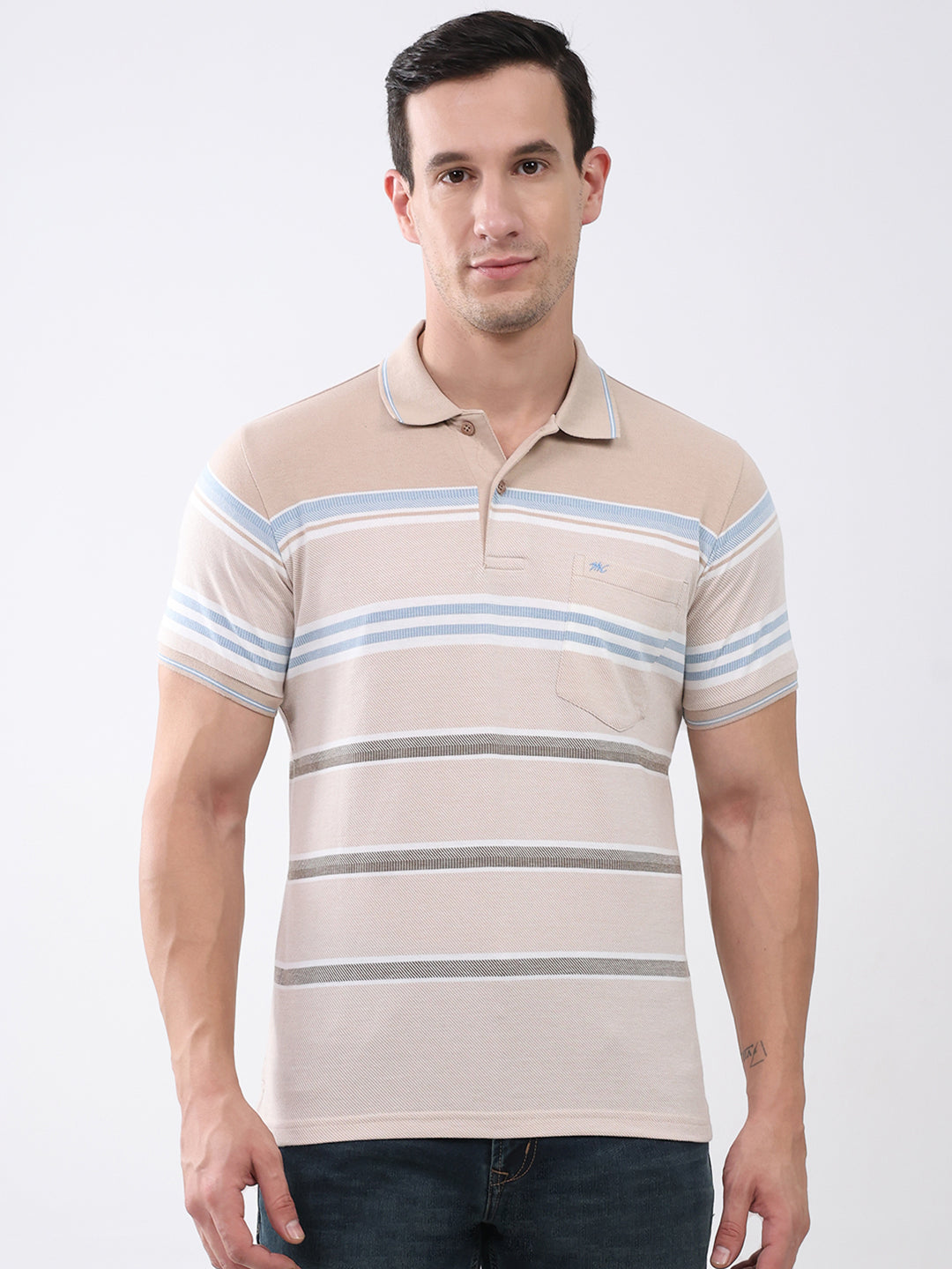 Men Beige Stripe Collar Half Sleeve T-Shirt