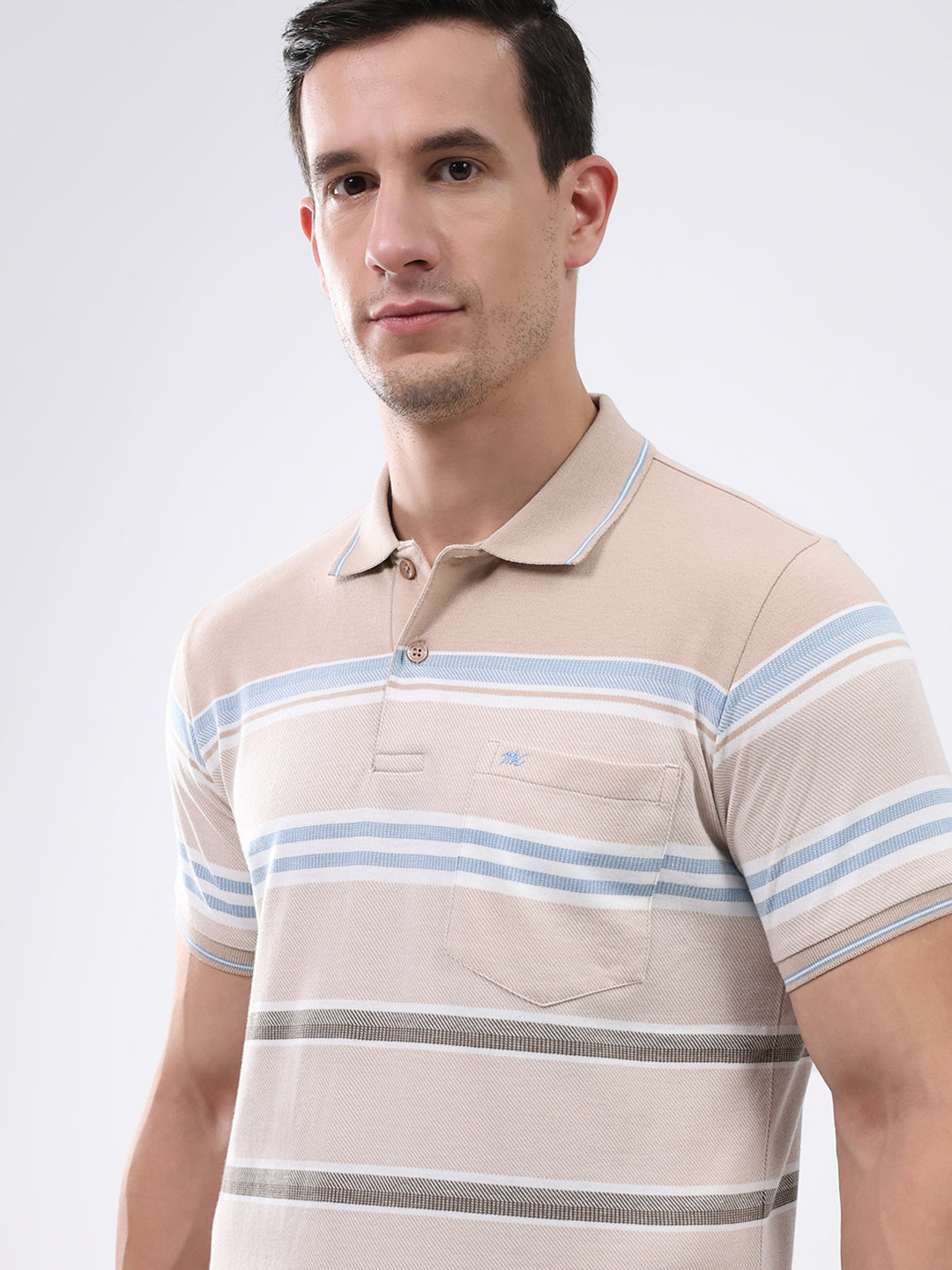 Men Beige Stripe Collar Half Sleeve T-Shirt