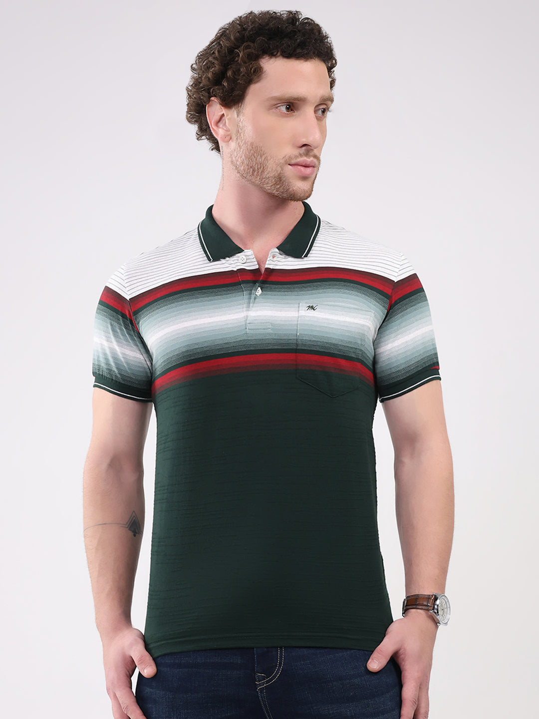 Men Green Stripe Collar Half Sleeve T-Shirt