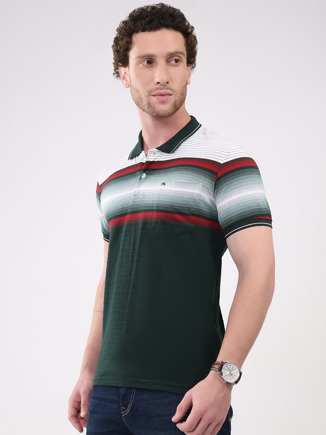 Men Green Stripe Collar Half Sleeve T-Shirt