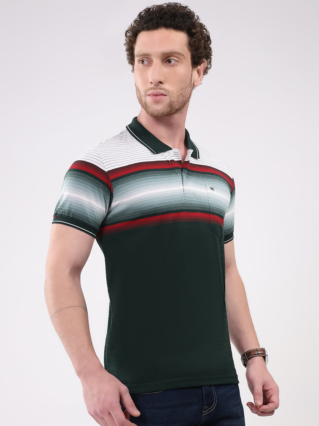 Men Green Stripe Collar Half Sleeve T-Shirt
