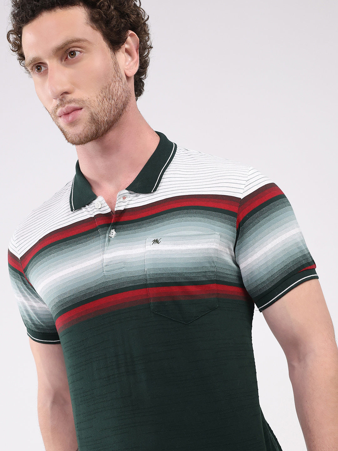 Men Green Stripe Collar Half Sleeve T-Shirt