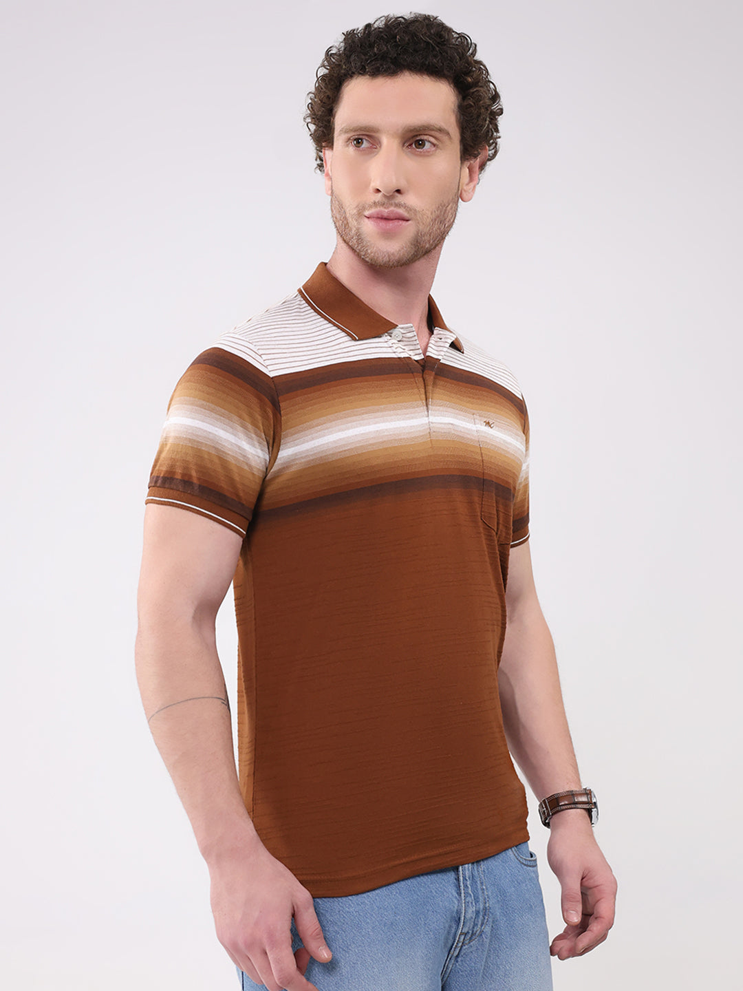 Men Brown Stripe Collar Half Sleeve T-Shirt