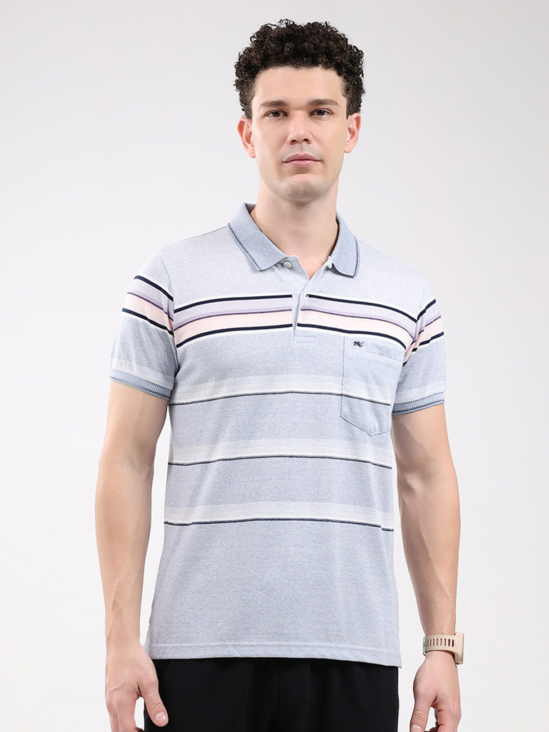 Men Sky Blue Stripe Collar Half Sleeve T-Shirt