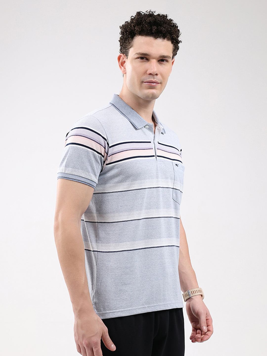Men Sky Blue Stripe Collar Half Sleeve T-Shirt