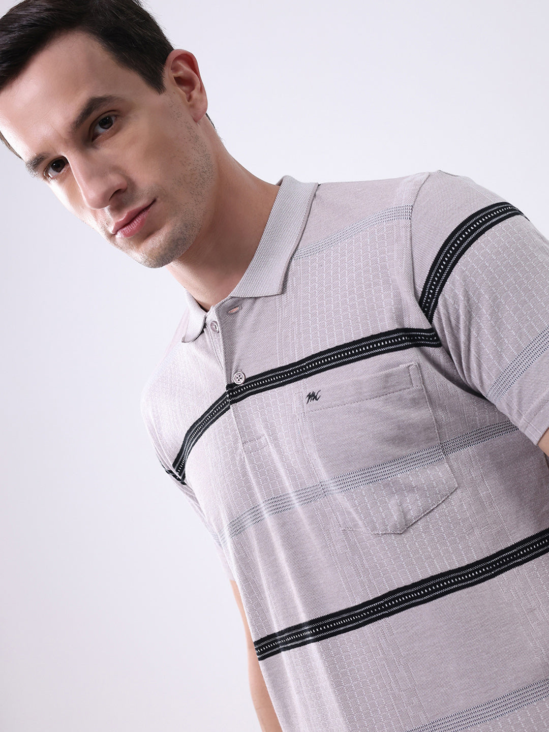 Men Grey Stripe Collar Half Sleeve T-Shirt