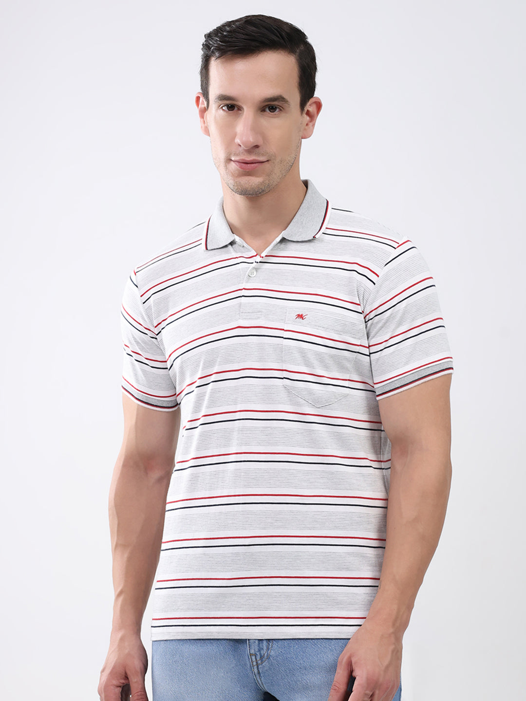 Men Grey Stripe Collar Half Sleeve T-Shirt