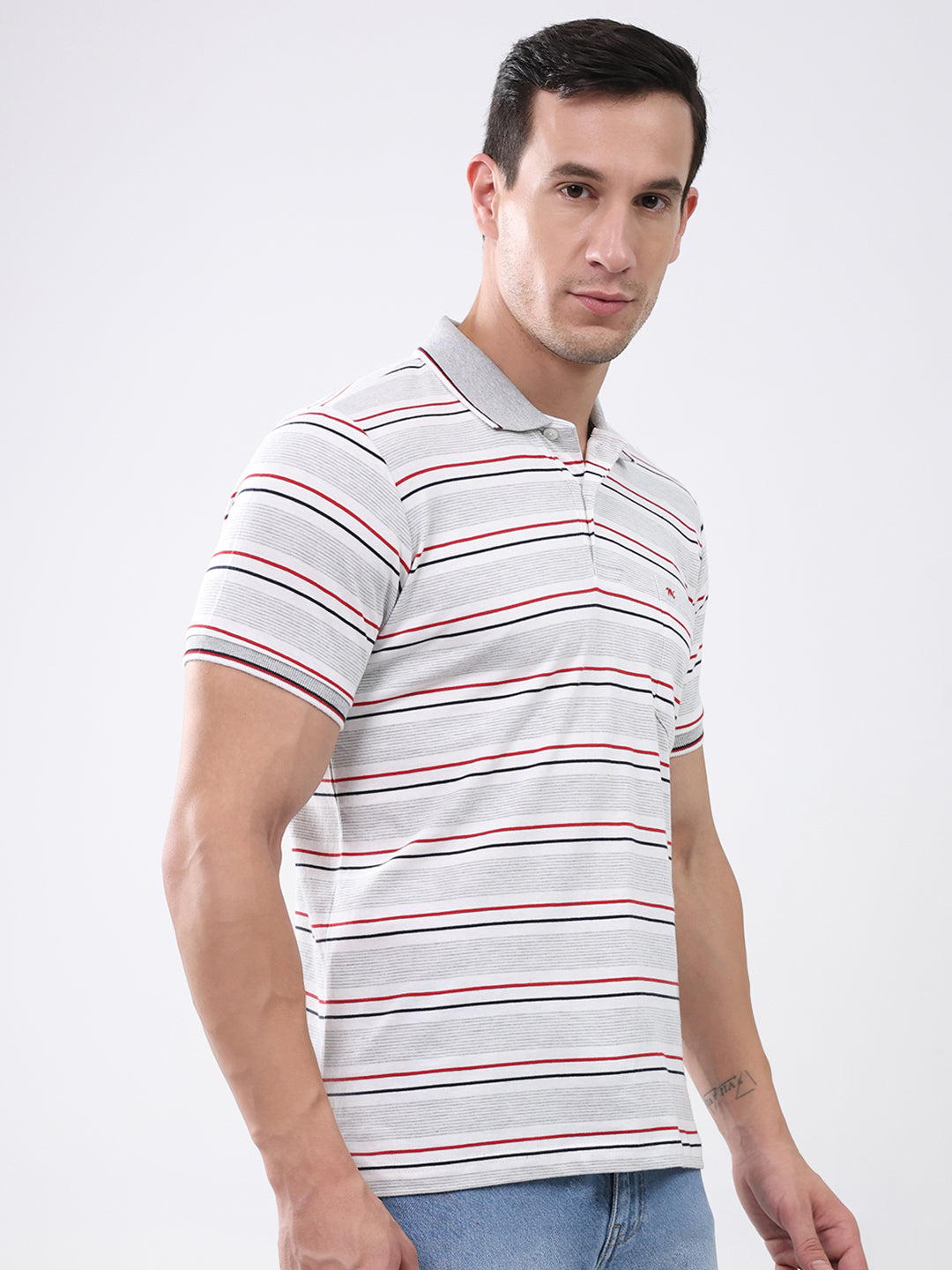 Men Grey Stripe Collar Half Sleeve T-Shirt