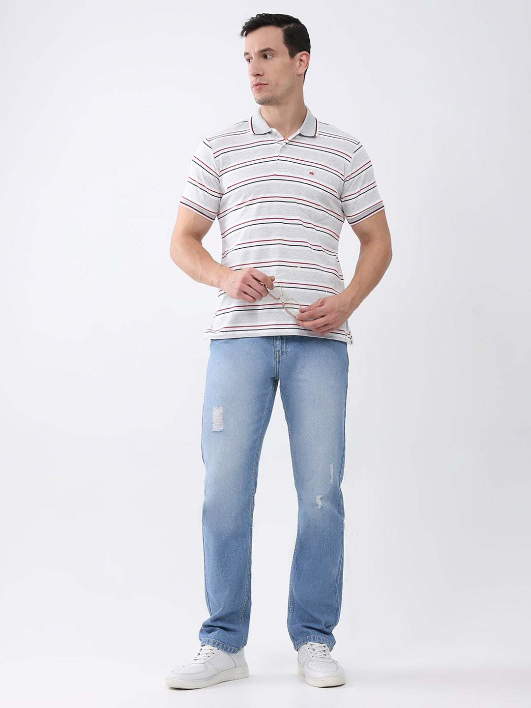 Men Grey Stripe Collar Half Sleeve T-Shirt