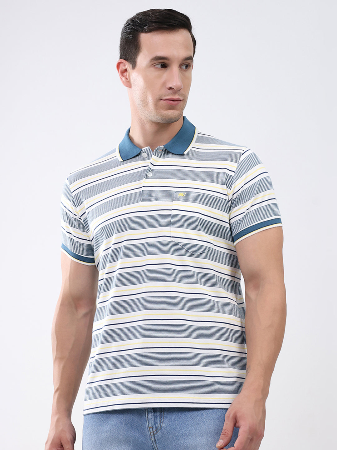 Men Teal Blue Stripe Stand Collar Half Sleeve T-Shirt