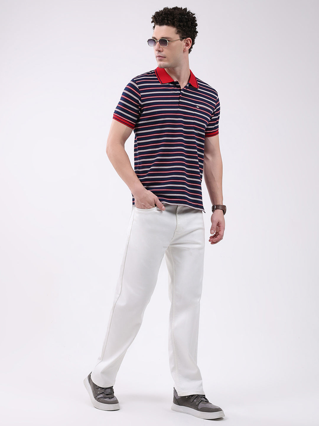 Men Navy Blue Stripe Collar Half Sleeve T-Shirt