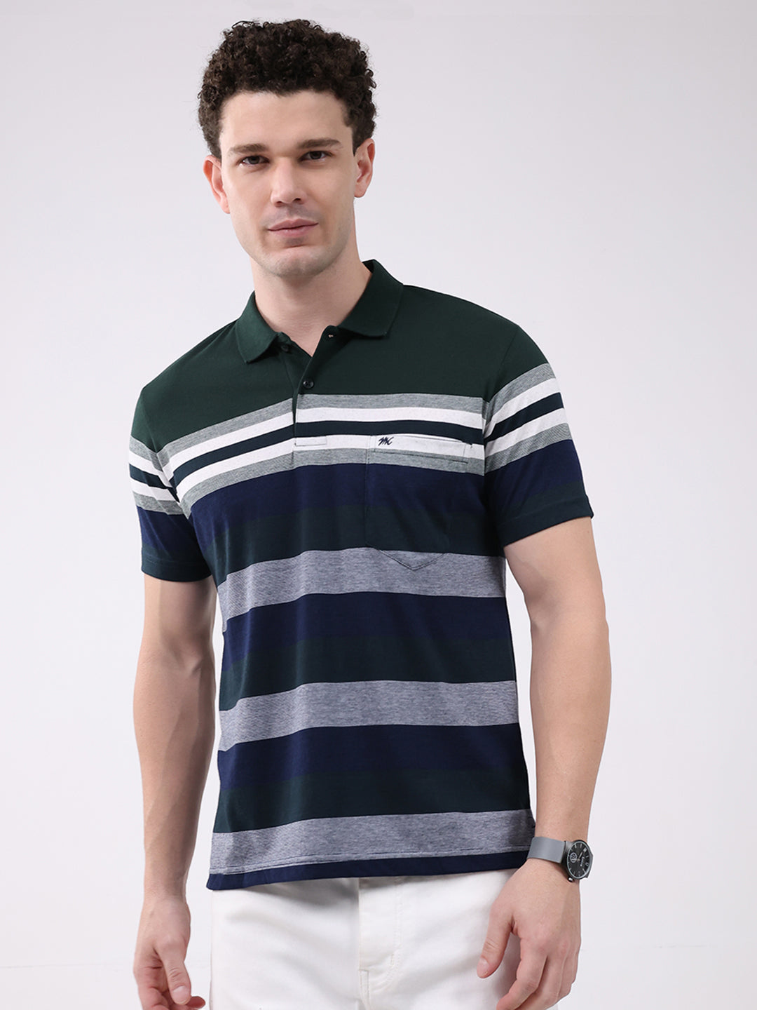 Men Green Stripe Collar Half Sleeve T-Shirt