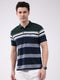 Men Green Stripe Collar Half Sleeve T-Shirt