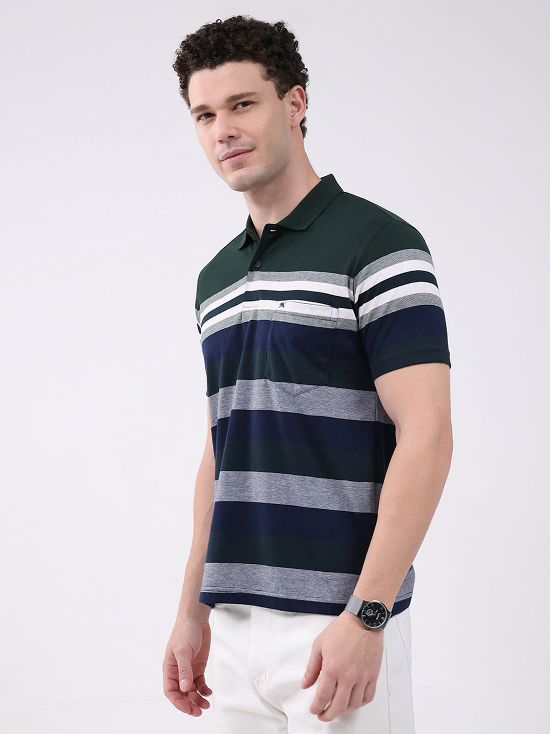 Men Green Stripe Collar Half Sleeve T-Shirt
