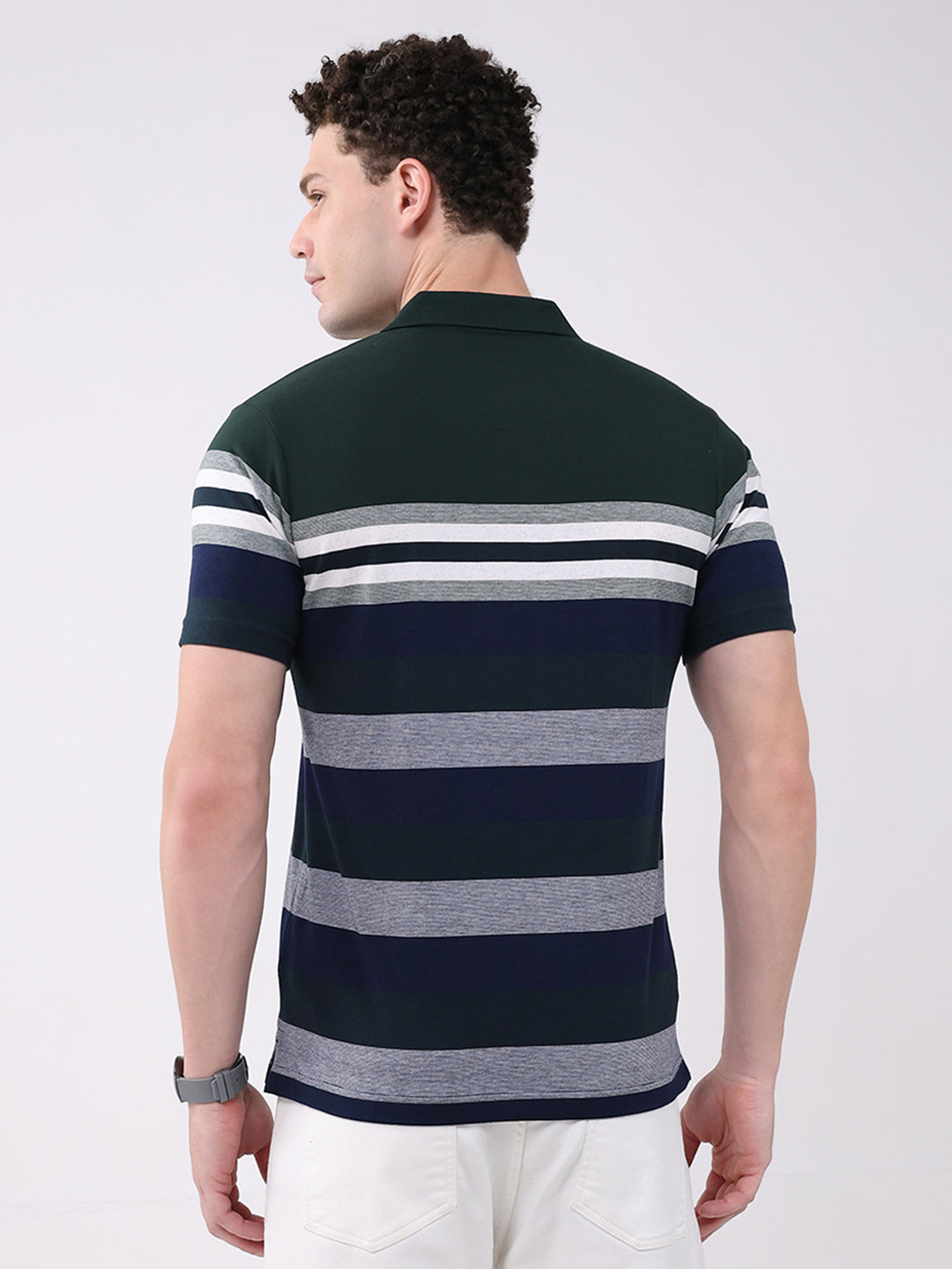 Men Green Stripe Collar Half Sleeve T-Shirt
