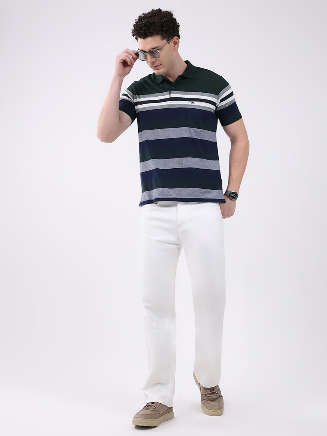 Men Green Stripe Collar Half Sleeve T-Shirt