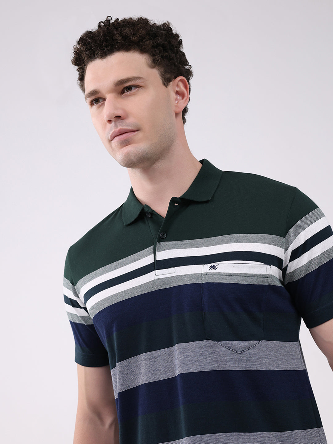 Men Green Stripe Collar Half Sleeve T-Shirt