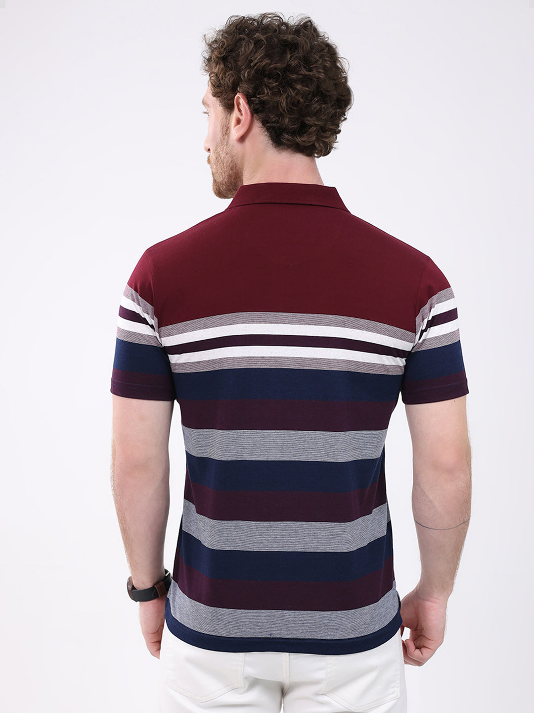 Men Maroon Stripe Collar Half Sleeve T-Shirt