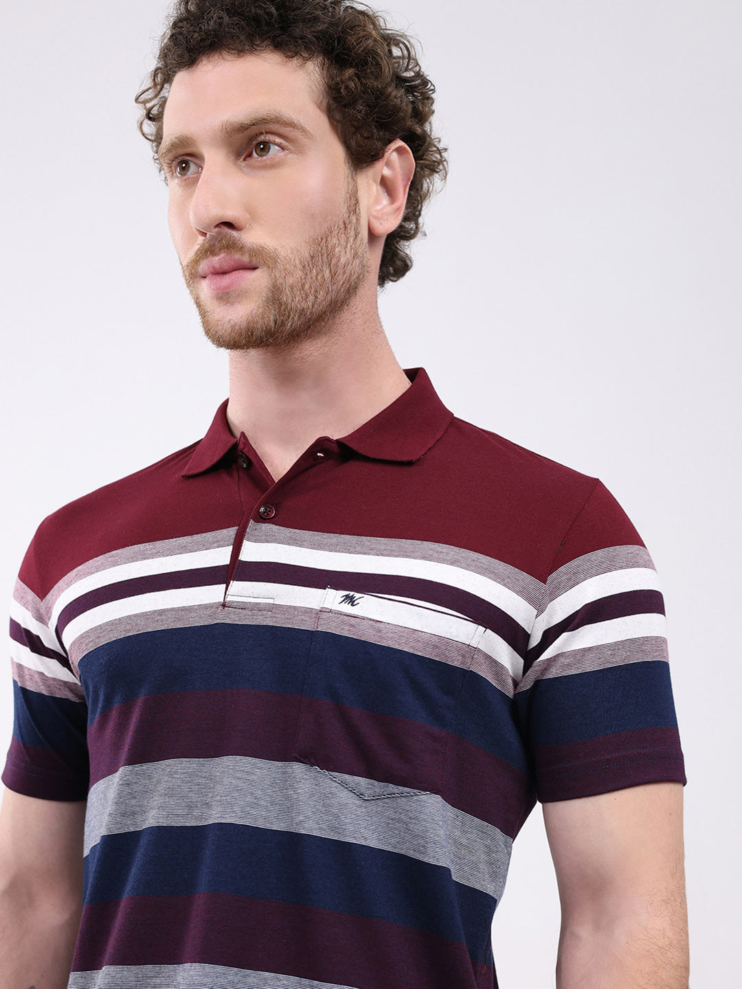 Men Maroon Stripe Collar Half Sleeve T-Shirt